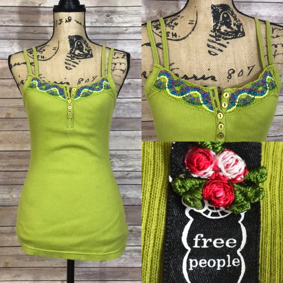 Free People Tops - Free People Green Tank with Embroidered Trim